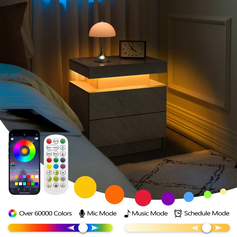 Modern LED Nightstand with Adjustable Lights and 2 Drawers for Bedroom or Living Room