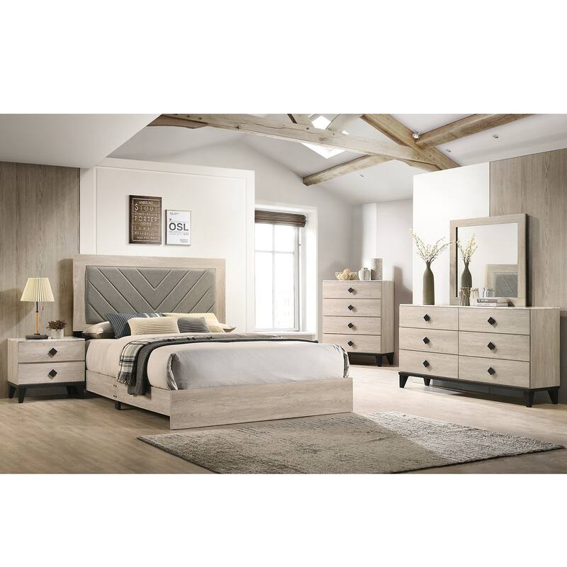 Wooden California King Bed with High Upholstered Headboard