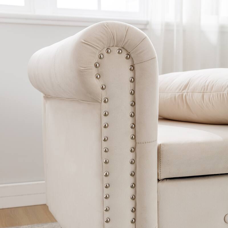 Beige Modern 58.26" Velvet Upholstered Buttons Tufted Chaise Lounge Chair with Storage and Wood Legs