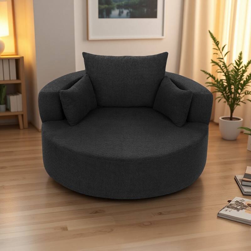 Chenille 360° Swivel Barrel Chair with 3 Removable Pillows - Black