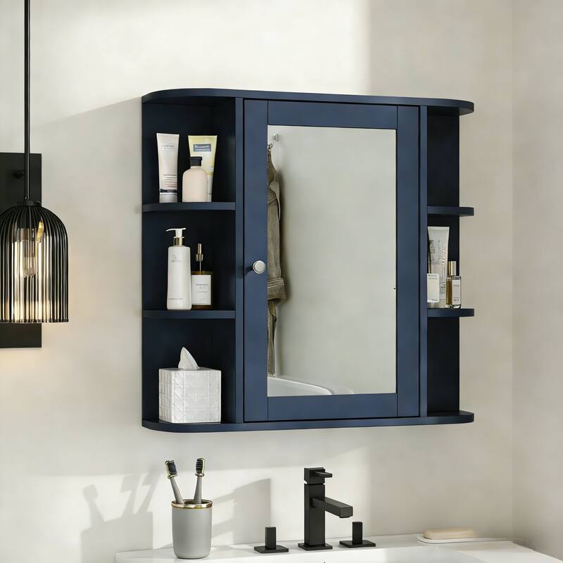 Bathroom Wall Storage Cabinet with Mirror, with Adjustable Wood Shelf & Doors, Mounted Storage Cabinets with 6 Open Shelves - Blue