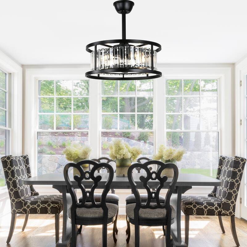 Cusp Barn 20" Black Crystal Caged Ceiling Fan with Light and Remote, Modern 8-Blade Fandelier, DC Motor Reversible Ceiling Fan