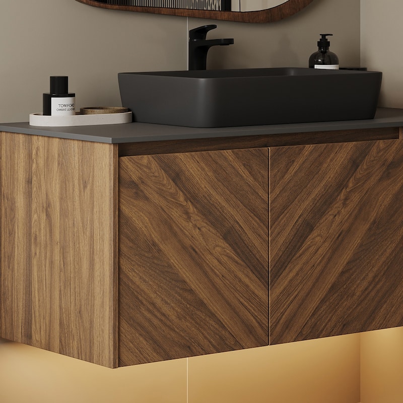 35.83'' Single Bathroom Vanity with Stone Top, Brown Wood, Black Vessel, Floading Vanities
