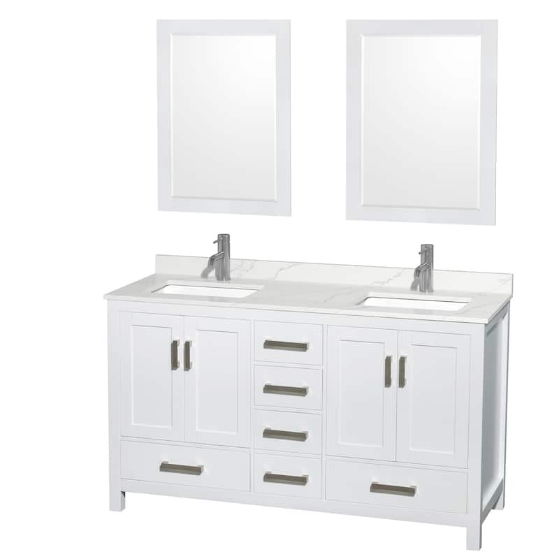Sheffield 60-inch Double Vanity,Single Hole Quartz Top,24-inch Mirrors - White, Chrome Trim, Giotto Quartz Top