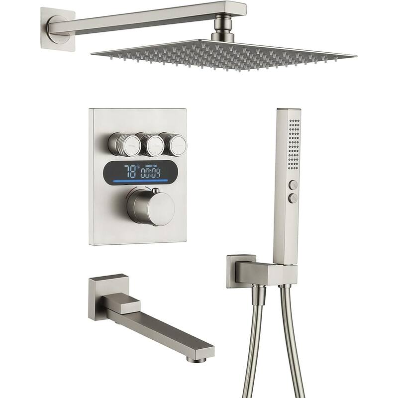 Lefton Shower System in Fahrenheit Display, 10” Overhead Shower Head with Handheld Spray Showerhead and Bathtub Faucet, SSWM2502 - Brushed Nickel