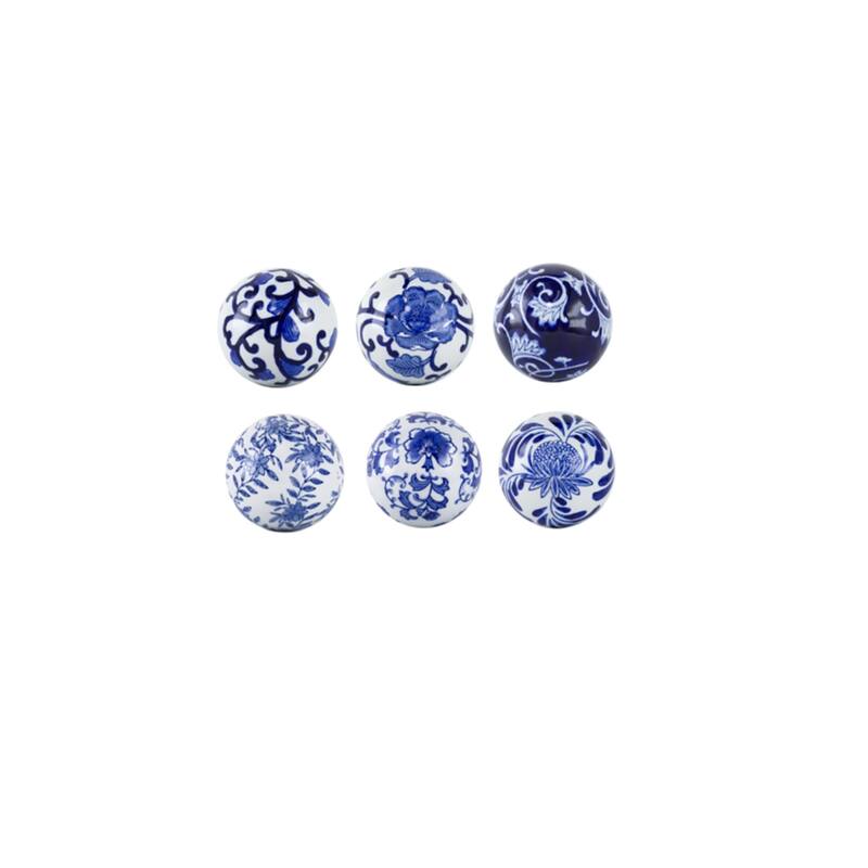 Floral Ornamental Orb Decorations - 4" - Blue and White - Set of 6