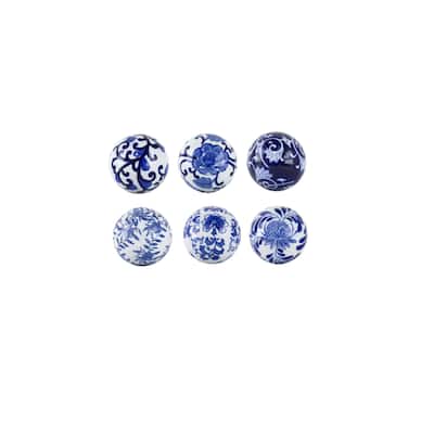 Floral Ornamental Orb Decorations - 4" - Blue and White - Set of 6