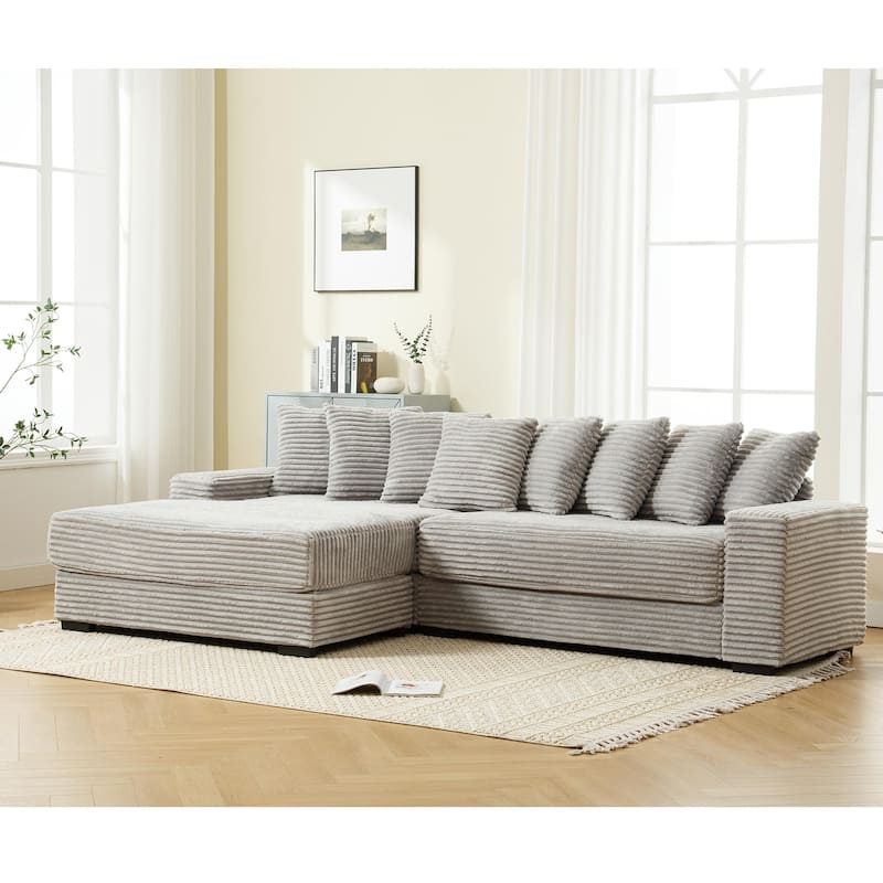 Oversized Corner Couch L-Shaped Corduroy Sofa Set with Left Chaise Daybed, Armrests, and Eight Throw Pillows
