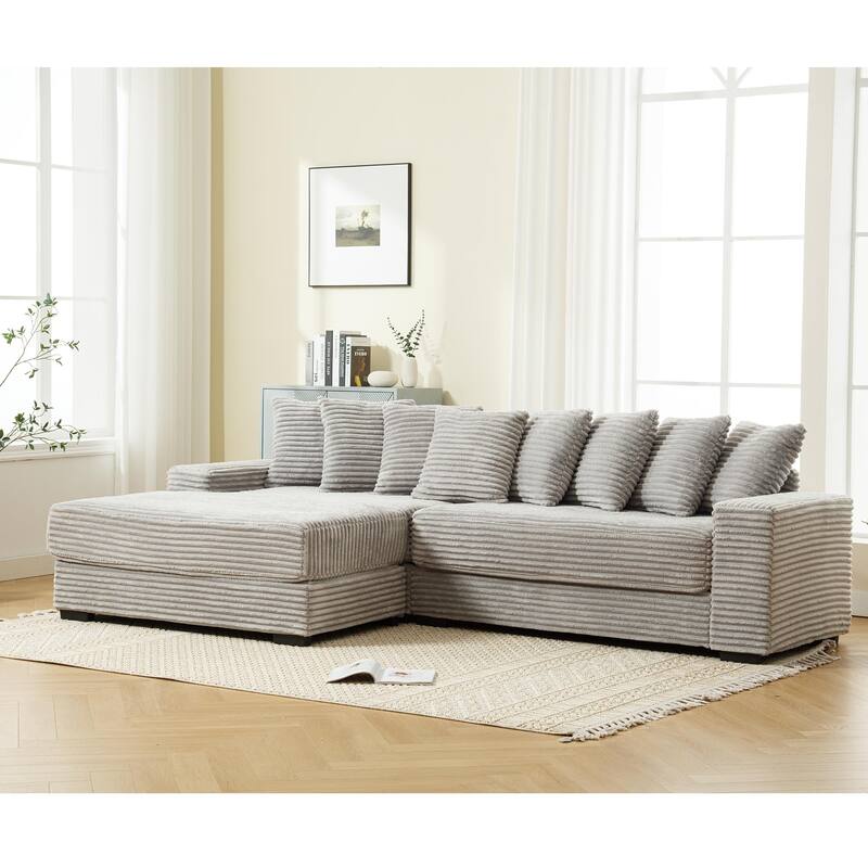 Oversized Two-Piece L Shaped Corduroy Sofa with Left Chaise Daybed, Eight Throw Pillows, Gray
