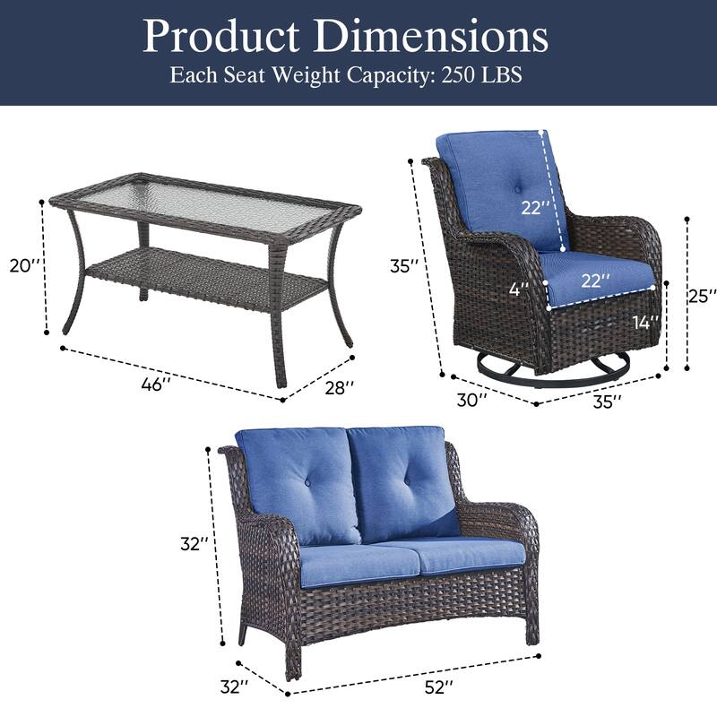 Outdoor Swivel Chairs with Loveseat Coffee Table Brown-Blue - Brown