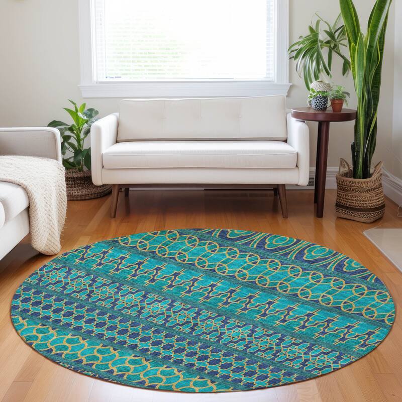 Premium Washable Super Soft Boho Stripes Mayfield Rug - Teal - 8' x 8' - Round