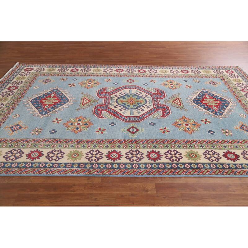 Hand Knotted Oriental 100% Wool Carpet Traditional Geometric Navy Blue & Blues Kazak Area Rug - 9' 8'' X 6' 6''