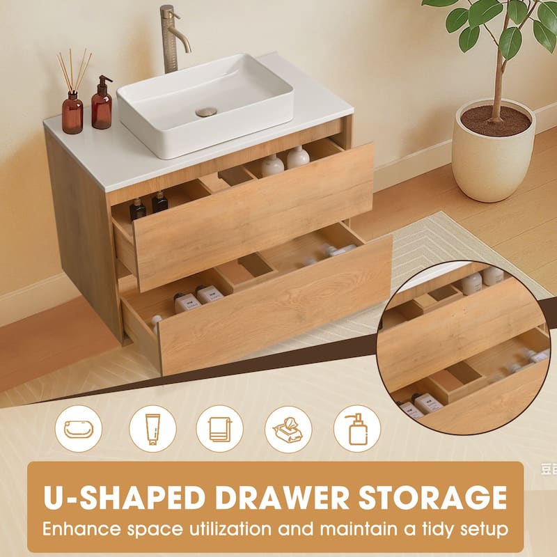 36"48"60"72"84" Floating Bathroom Vanity Quartz Counter Top with Round Ceramic Vessel Sink