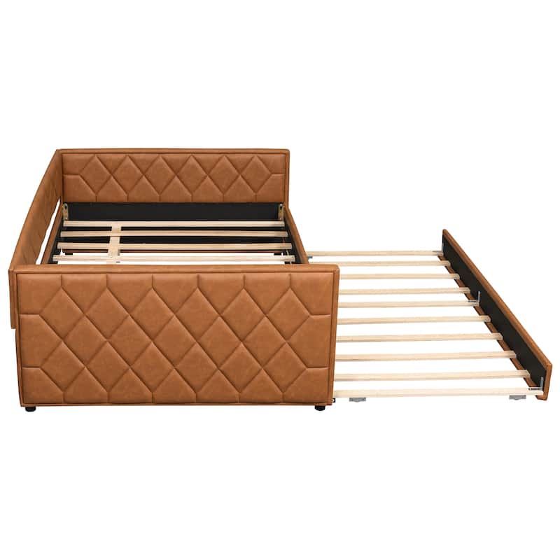 Full XL Size Upholstered Daybed with Trundle Bed and LED Armrests, Rhombic Blocks Frame Sofa Bed, U-shape Bed Frame