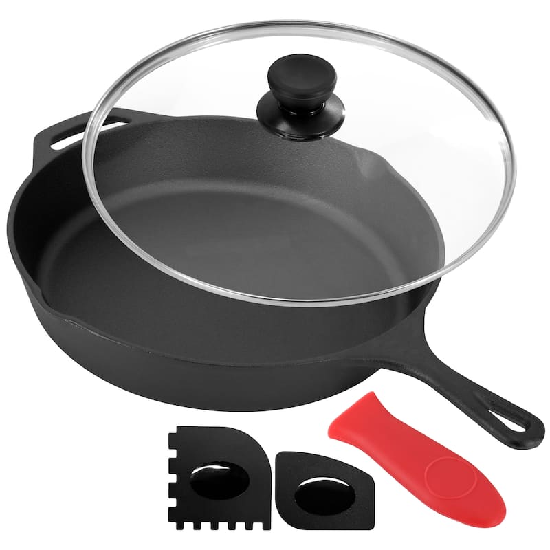 12 Inch Pre-Seasoned Cast Iron Skillet Includes Glass Lid and Silicone Handle Cover