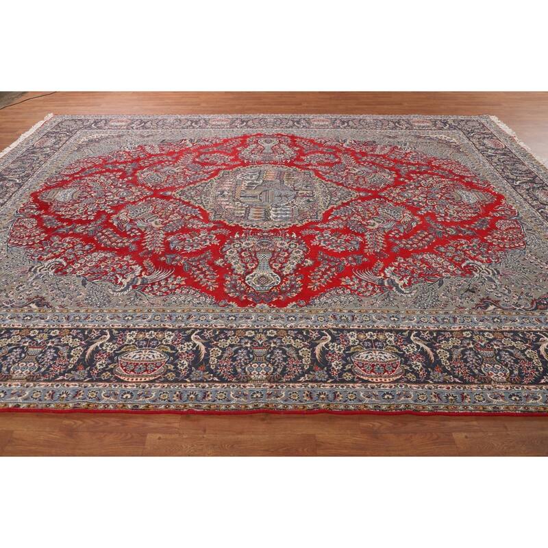 Pictorial Red Floral Kashan Turkish Rug Medallion Machine Made Carpet - 9'7" x 13'0"