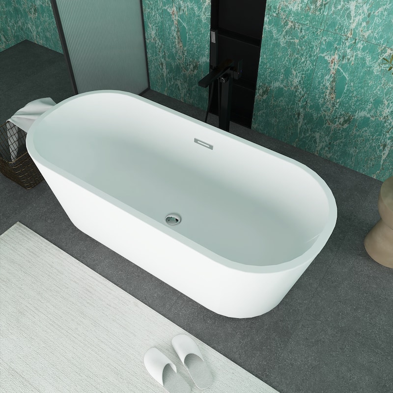60"/63"/67" Acrylic Freestanding Soaking Bathtub in White with Drain