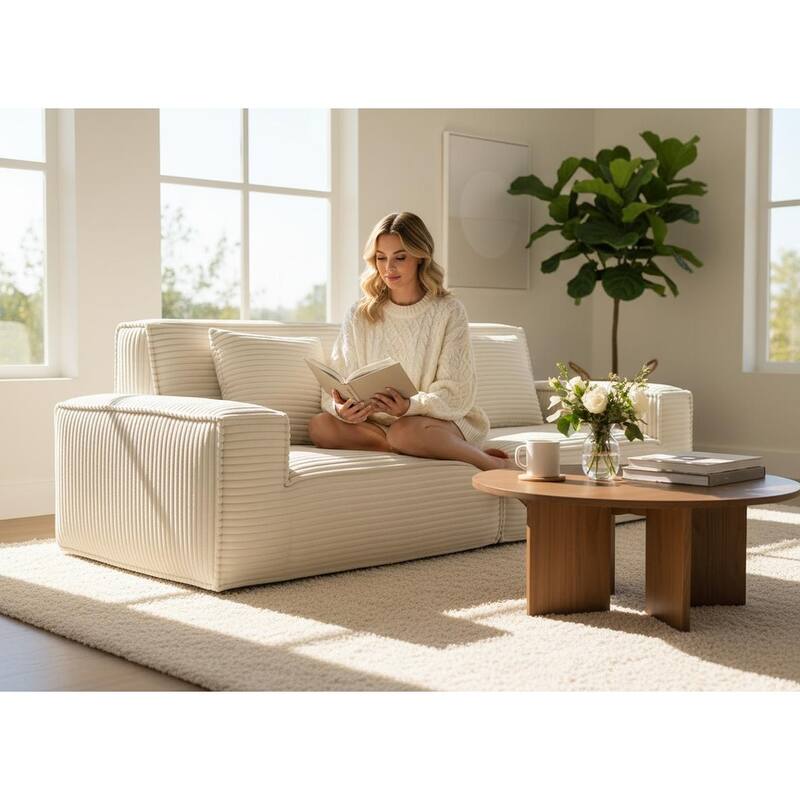 Anmytek Extra Large Plush 106.3-Inch Modern Striped Fabric Vacuum-Compressed Sofa - Full Sponge High Rebound Beige