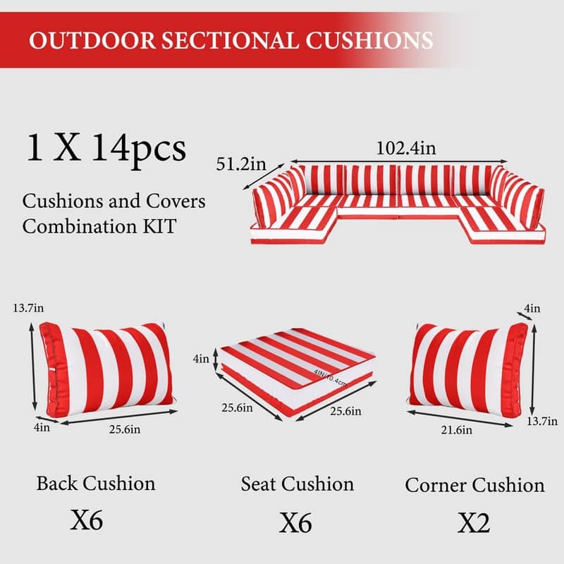 14pcs Outdoor Couch Cushions,4" Waterproof Sectional Rattan Conversation Set Cushions(Only Cushions+Covers,No Sofa) - 14PCS