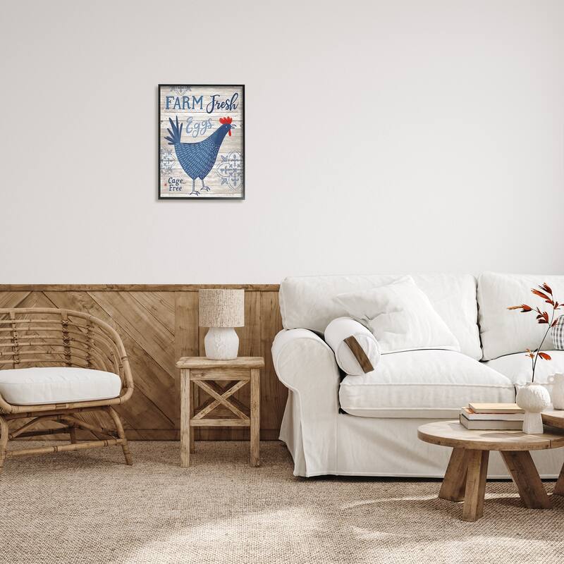 Stupell Farm Fresh Eggs Blue Rustic Chicken Planked Pattern Framed Wall Art, Design by Nina Seven