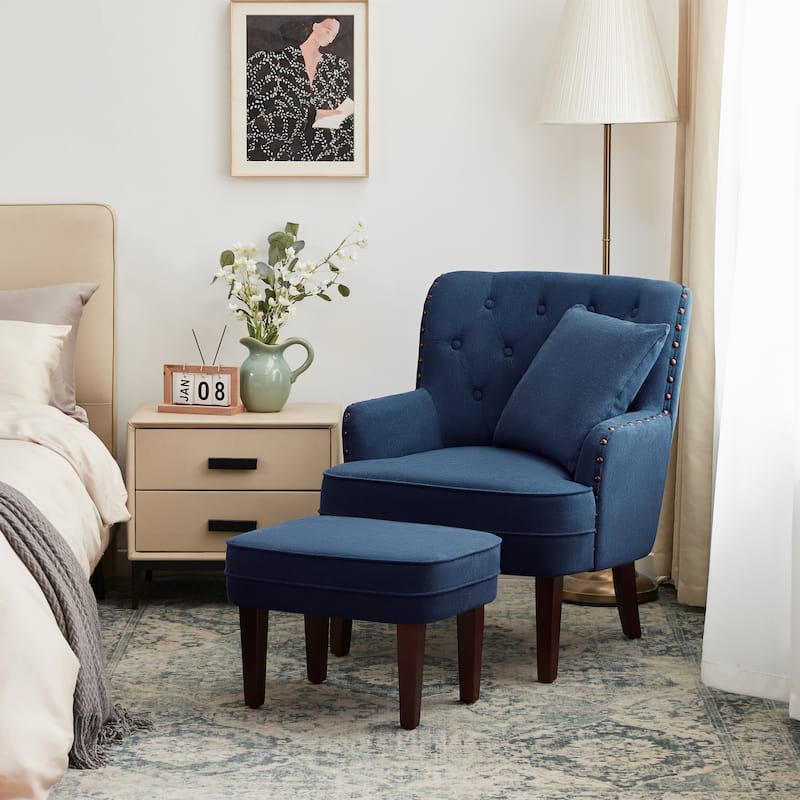 Club Chair Upholstered Button Tufted Accent Chair with Ottoman and Pillow - Dark Blue