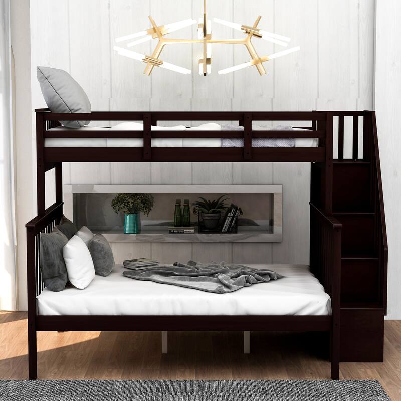Twin Over Full Bunk Bed with Storage Staircase, Solid Pine Wood Frame, Guardrail for Safety, Convertible Beds for Bedroom