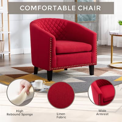 Barrel Chair with Nailheads, Soft Padded Armrest, Living Room Linen Club Chairs