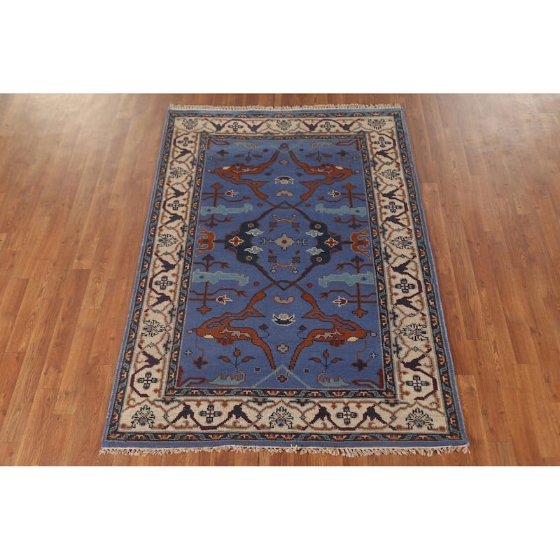 Floral Blue Oushak Oriental Area Rug Handmade Geometric Wool Carpet - 4'1"x 5'11"