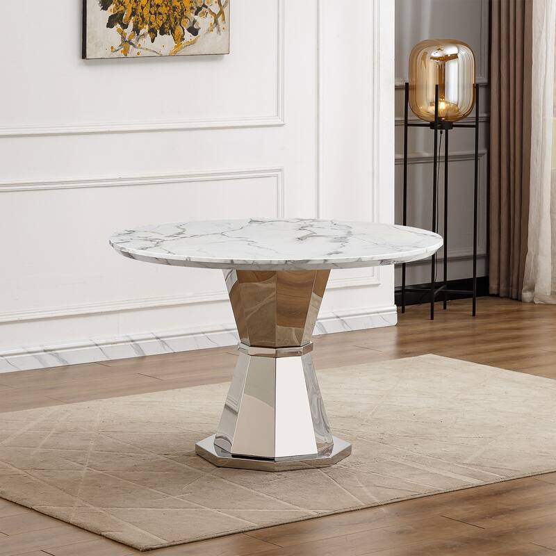 GDFStudio - Jane Series 47" Round Marble Dining Table and Stainless Steel Base for Dining Room, Kitchen