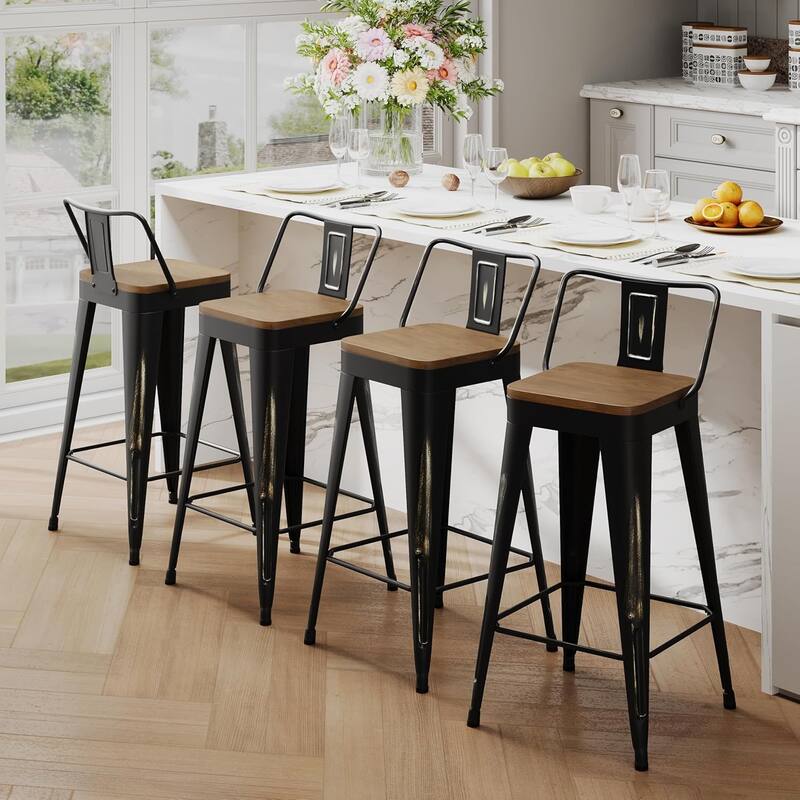 Industrial Style Counter Stools with Metal Frame 24" Kitchen Counter Height Stools with Low Back and Wooden Seat