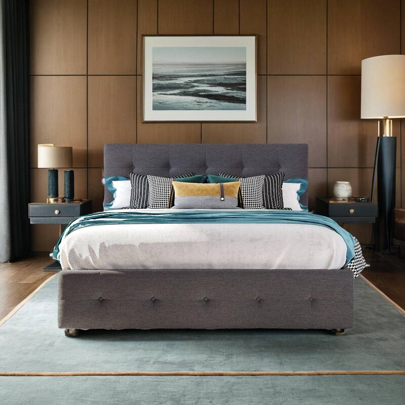 Queen Size Bed with 2 Storage Drawers and a Twin XL Trundle, Upholstered Platform Queen Bed Frame with Tufted Headboard