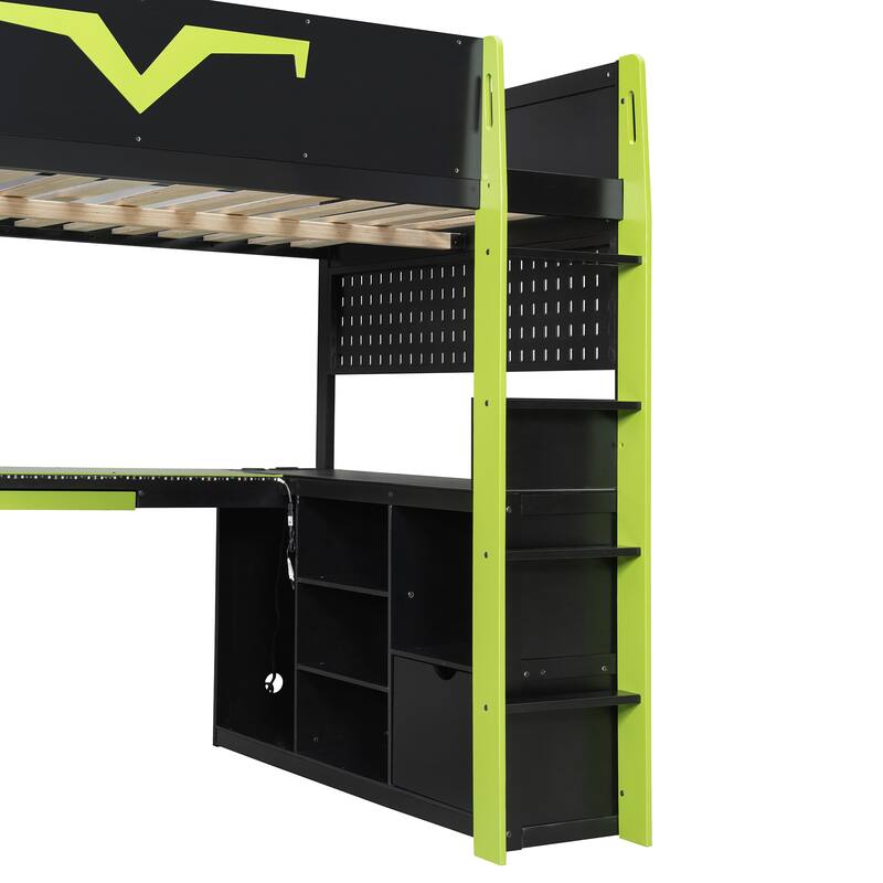 Full Size Gaming Loft Bed with Desk & RGB LED Lights, Pro-Gamer Setup with Pegboard, Keyboard Tray & Storage