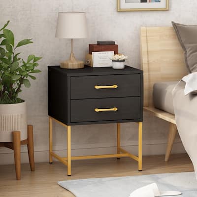 Timechee Nightstand Bedside Table 2-Drawer Black with Glden Metal Base