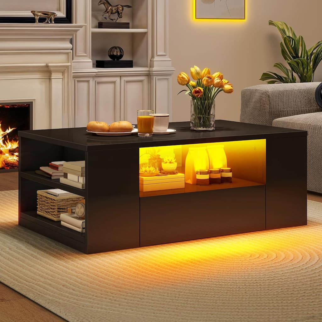 Moasis Modern Coffee Tables LED Light Cocktail Center Table with Shelf and Drawers