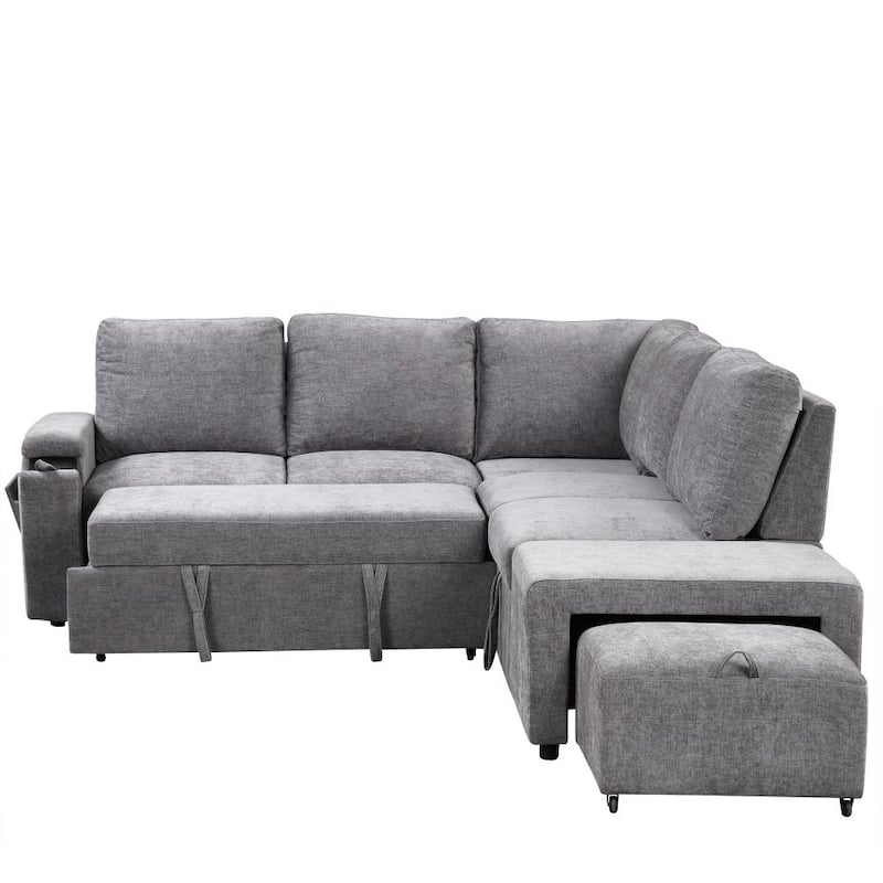 L-shaped Padded Modular Sofa with Storage Space, USB Ports, and Cup Holders on the Armrests, Suitable