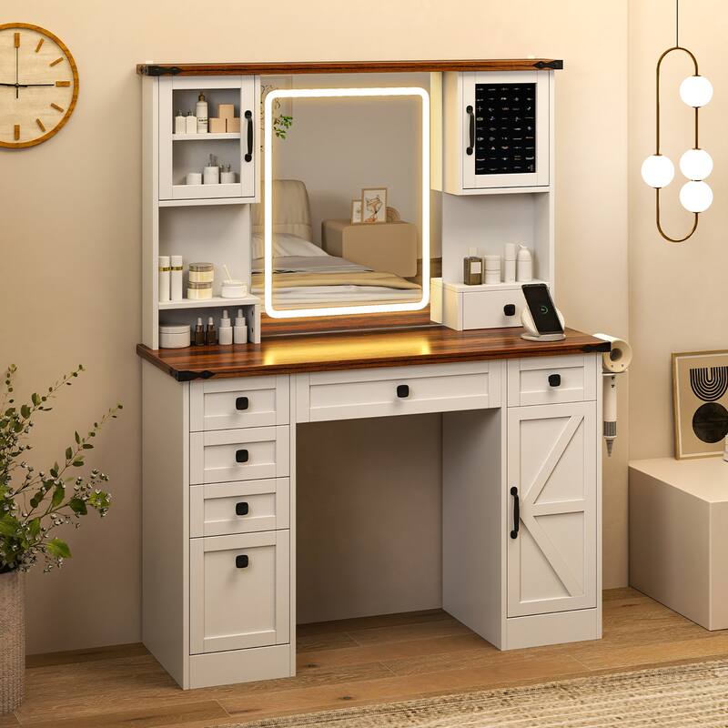Gymax Farmhouse Vanity Desk w/ Lighted Mirror Makeup Vanity Table w/ 3