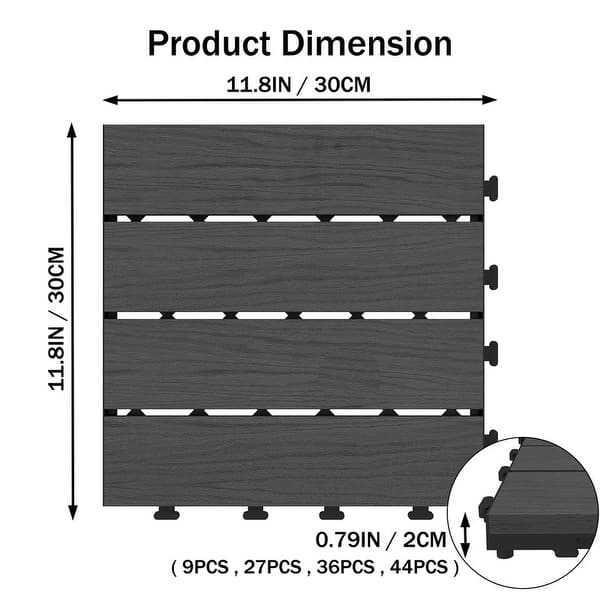 dimension image slide 1 of 2, Domi 12" x 12" HDPE Plastic Resin Interlocking Deck Tiles, Waterproof Outdoor Patio Flooring with Drainage Design