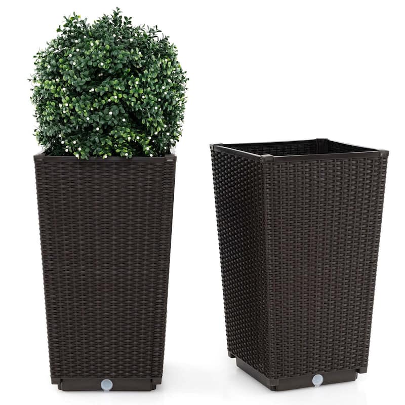 Set of 2 Outdoor Wicker Flower Pot 23'' Tall Planters w/ Drainage Hole - Brown