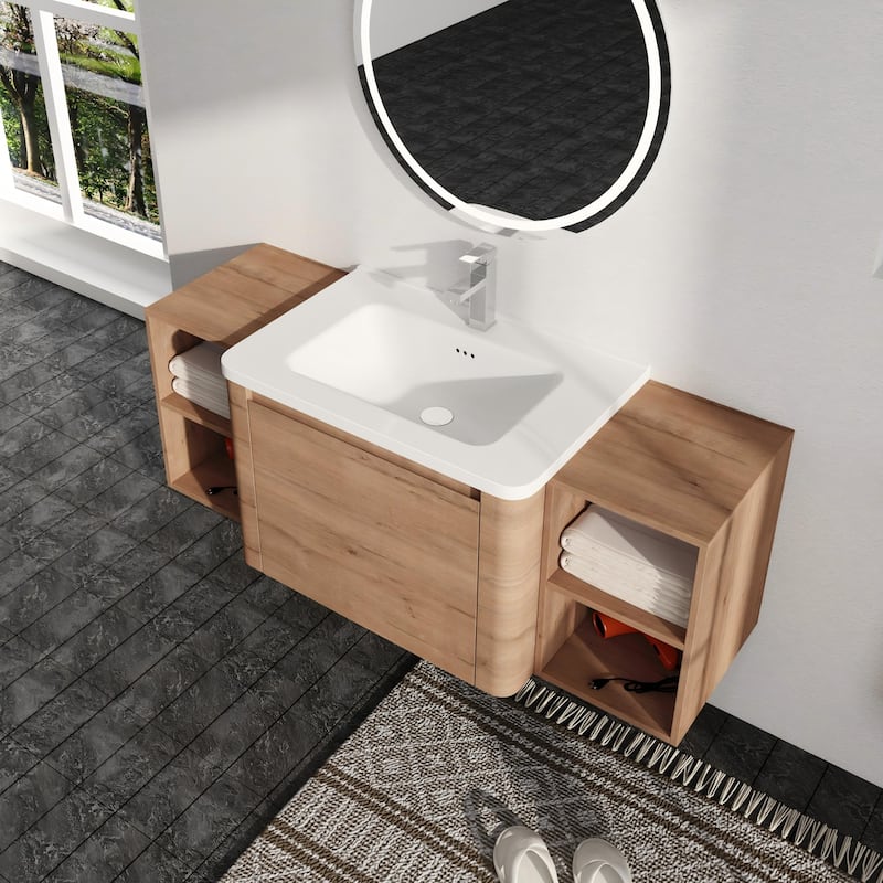 Malwee 28"/40"/52"/68" Floating Bathroom Vanity, Wall Mounted Bathroom Vanity with Ceramic Sink,Soft Close Door and Shelf