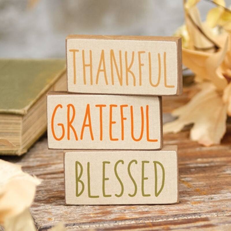 Fall Decor Mini Wooden Blocks Autumn Words “Blessed Grateful Thankful” Shelf Accent 3 Asstd. - 1.5" H x 3" W x .5" D