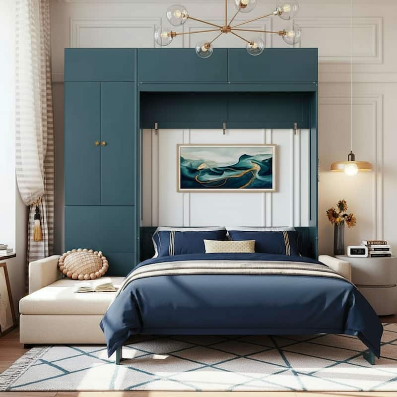 Queen-Size Convertible Murphy Wall Bed with Built-In L-Shaped Sofa & Storage Cabinet System by Harper&Bright Designs