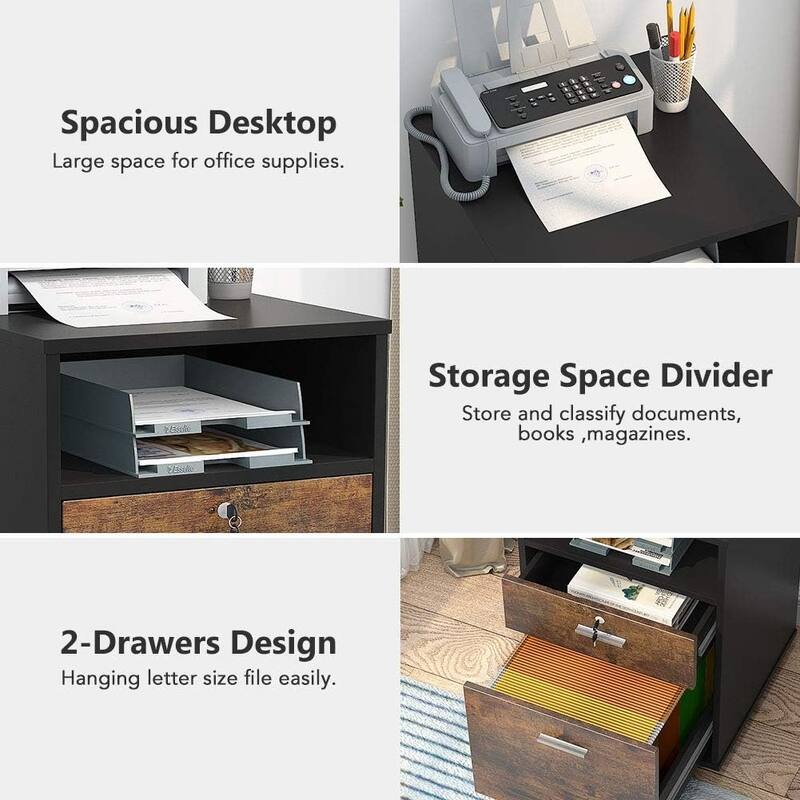 Mobile File Cabinet with Lock, 2 Drawer Wood Filing Cabinet for Letter Size Files, Rolling Printer Stand with Open Shelf