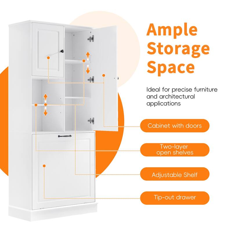 Roomfitters 67" Tall Storage Cabinet with Flip-Out Basket & Adjustable Shelves, MDF Linen Tower for Bathroom & Office