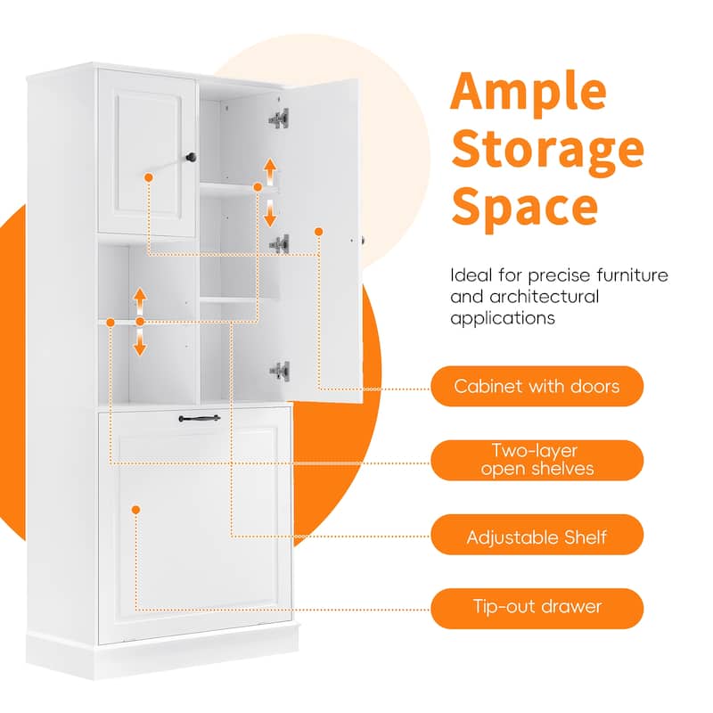 Storage Cabinet with Flip-Out Basket, Bathroom Cabinet with 2 Doors & Adjustable Shelves, Freestanding Floor Cabinet