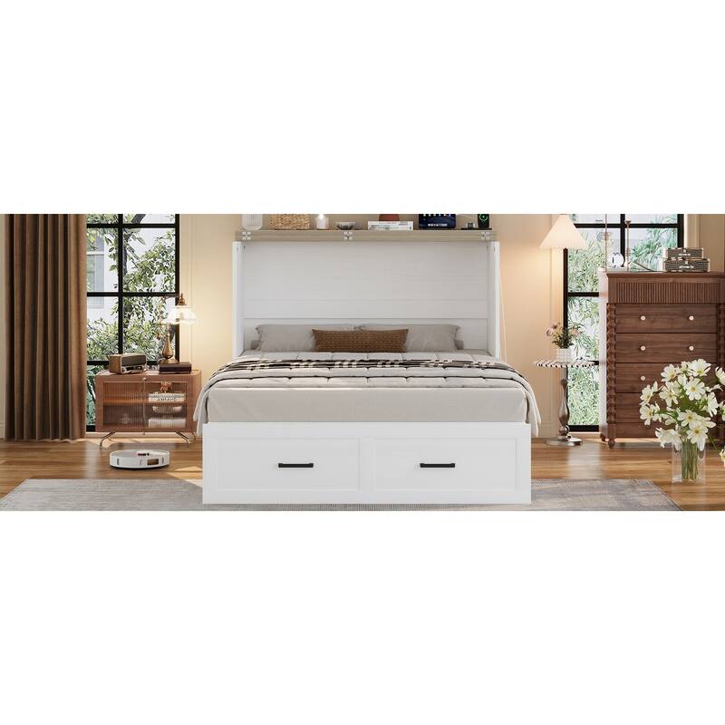 White Full Size Murphy Cabinet Bed with Storage Drawers and Built-In Charging Station