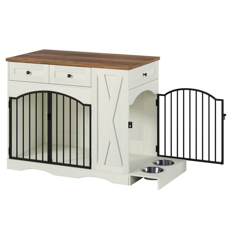 Heavy-Duty Dog Crate for Medium & Large Dogs, Indoor Wooden Dog Kennel End Table, Pet Crate with 3 Drawers & Removable Feeder