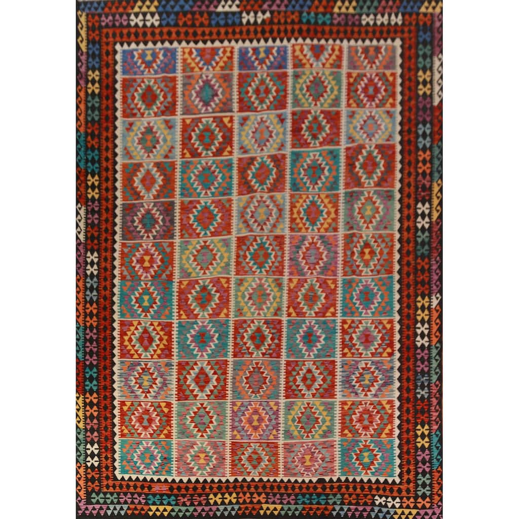 Multi-Color Kilim Oriental Area Rug Hand-Woven Geometric Wool Carpet - 10'1"x 13'1"