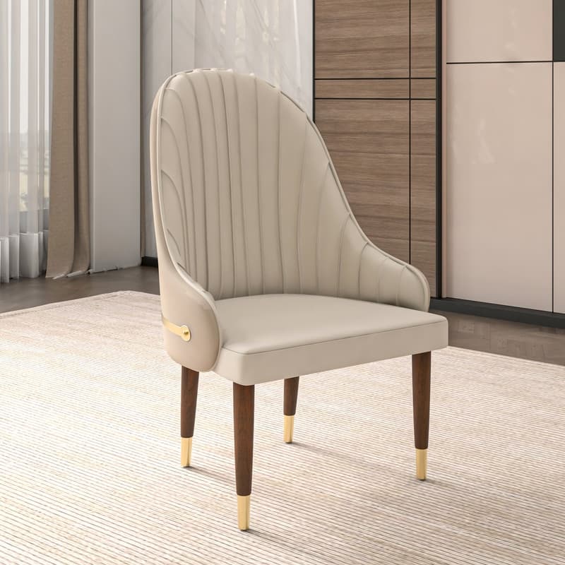 Elara Leather Mid-Century Modern Leather Upholstered Dining Chair with Ruberwood Legs and Gold Accents for Home or Office