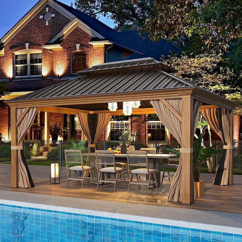 Outdoor Hardtop Gazebo, Wooden Finish Coated Aluminum Frame w Galvanized Steel Double Roof with Premium Curtains and Netting