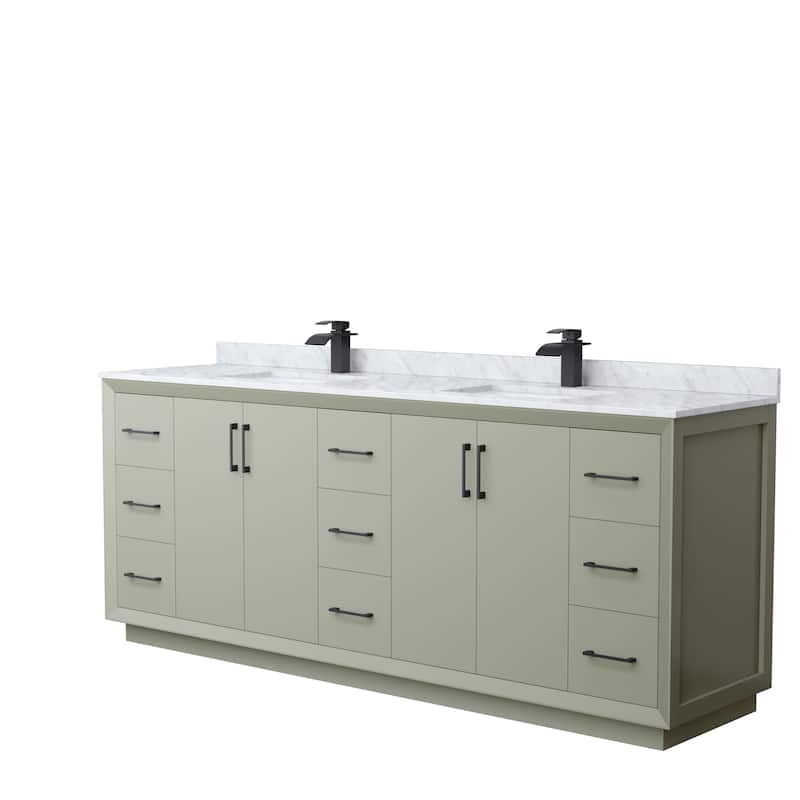 Strada 84-Inch Double Vanity Set, Carrara Marble Top - Light Green, Black Trim, Carrara Marble Top